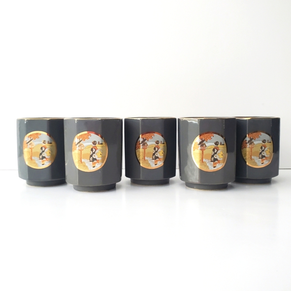 Vintage Art of Chokin Saki Cups Tea Cups 5pcs Japanese Geisha & Scenic Oriental